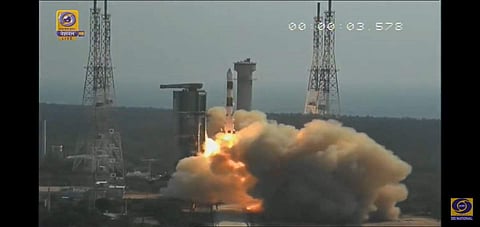 PSLV C-45 blasts off into space with EMISAT, 28 other satelllites. (Photo | DDNational/Twitter)