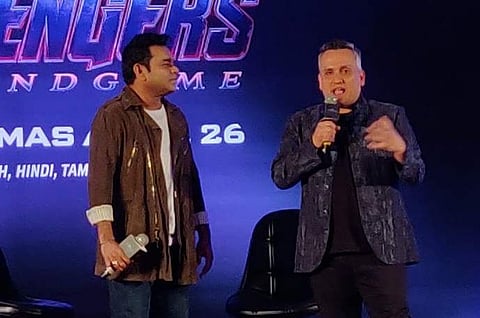 Music maestro AR Rahman with 'Avengers: Endgame' director Joe Russo at the launch of the Marvel Anthem on 1 April 2019.