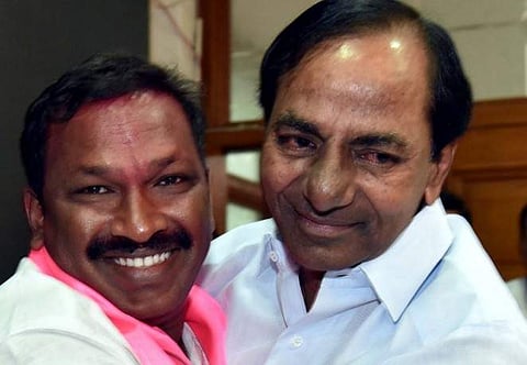 Chief Minister K Chandrasekhar Rao greets MP Pasunuri Dayakar at Camp Office in Hyderabad. (File photo)