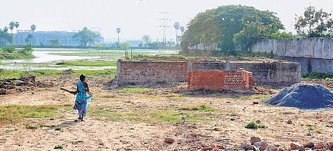 The newly restored Thamaraikeni lake opposite Infosys at Shollinganallur in the city has been encroached upon by people who have erected sheds along the bund | Nakshatra Krishnamoorthy