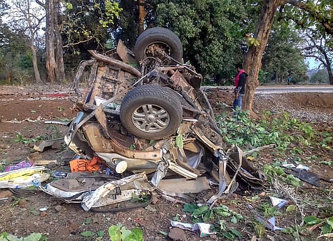 The mangled remains of one of the cars that came under naxal attack on Tuesday evening. (Photo | PTI)