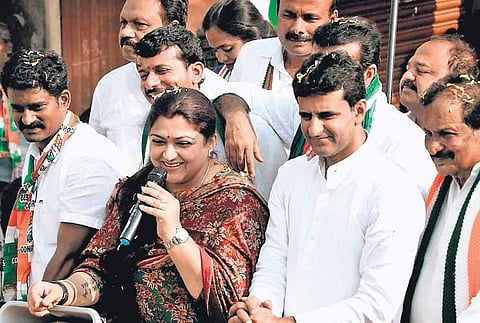 AICC spokesperson Khushboo Sundar campaigns for Congress Bangalore Central candidate Rizwan Arshad, at Shantinagar, on Wednesday | EXPRESS