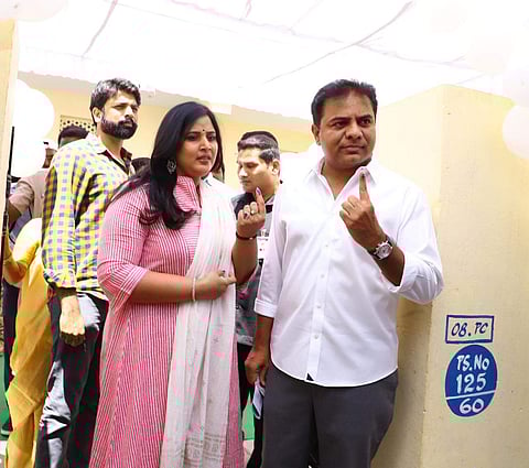TRS working president K T Rama Rao casts his vote for Lok Sabha elections in Hyderabad on Thursday. (Photo | EPS)