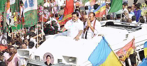 Chief Minister Edappadi K Palaniswami campaigning for AIADMK’s Salem candidate KRS Saravanan on Thursday | express