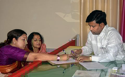 BJP leader Smriti Irani files her nomination papers for Amethi Lok Sabha seat ahead of general elections in Amethi. (Photo | PTI)