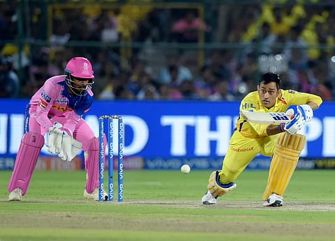 CSK batsman MS Dhoni plays a shot during the Indian Premier League 2019 IPL T20 cricket match against Rajasthan Royals. (Photo | PTI)