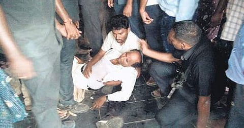 The fainted Assembly Speaker Kodela Siva Prasada Rao being shifted from a polling booth at Inimetla in Sattenapalli constituency on Thursday | Express