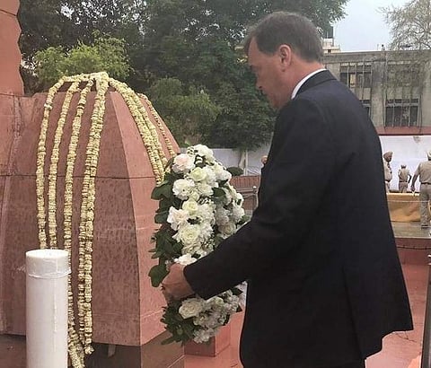 British High Commissioner to India Dominic Asquith paying homage at the Jallianwala Bagh Memorial. (Photo | Twitter @UKinIndia)