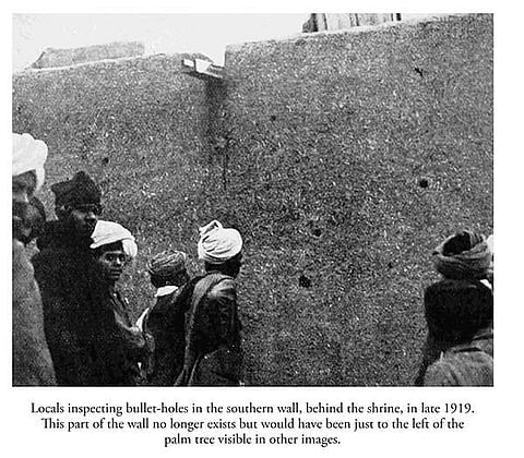 Locals inspecting bullet holes at Jallianwala Bagh in late 1919. L' Illustration, 20–27 March 1920.