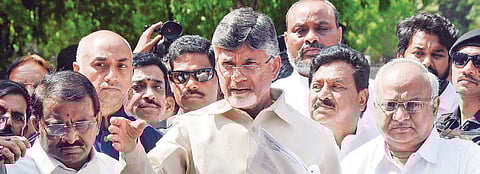AP Chief Minister N Chandrababu Naidu addresses media, along with TDP MPs, in New Delhi on Saturday| Naveen Kumar
