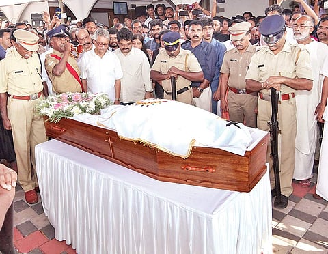 Former additional chief secretary D Babu Paul being laid to rest with full state honours at the St Mary’s Cathedral Church at Kuruppampady on Sunday | Express