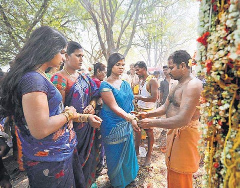 Priests break the bangles and Thali of (mangal sutra) transwomen on the last day of the Koovagam festival near Villupuram on Wednesday; once the Thali is removed, they enter ‘widowhood’ and sob for the death of their partner,
