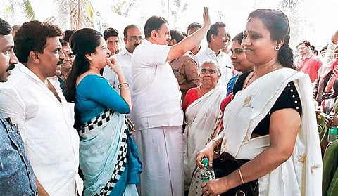 Padmaja Venugopal at a family meeting organised in connection with the campaign of her brother and UDF candidate K Muraleedharan in Thalassery