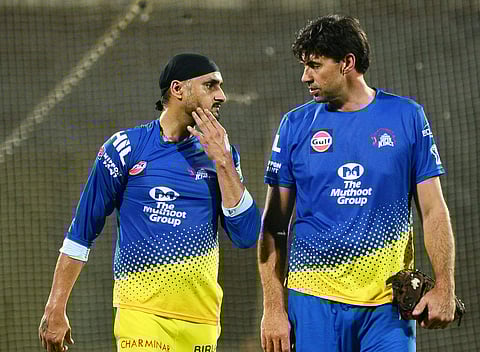 Harbhajan Singh and CSK coach Stephen Fleming during a CSK practice session. (EPS)