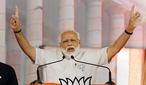 PM Narendra Modi addresses an election campaign meeting for the Lok Sabha elections in Amreli (Photo | PTI)