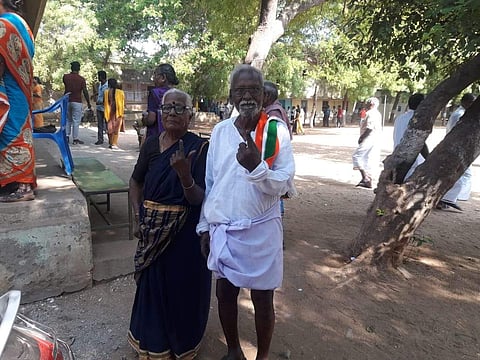 95-year-old Rathinagiri with his wife 85-year-old wife Mahalakshmi. (Photo | EPS)