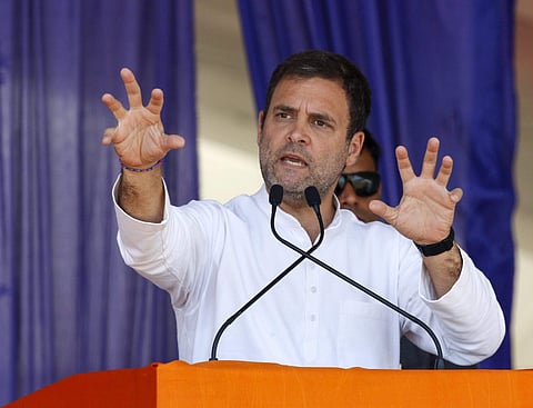 Congress President Rahul Gandhi addresses an election campaign rally for the General Elections 2019 in Bajipura village of Tapi district of Gujarat Friday April 19 2019. | PTI