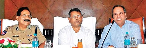 (From left) DGP M Mahender Reddy, State Election Commissioner V Nagi Reddy, and Chief Secretary S K Joshi, at a meeting in Hyderabad on Thursday | Express