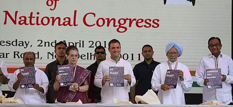 Congress president Rahul Gandhi, former Prime Minister Manmohan Singh, UPA Chairperson Sonia Gandhi, senior party leaders P. Chidambaram and AK Antony during release of the party Manifesto at the AICC headquarters in New Delhi on Tuesday. (Shekhar Yadav