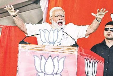 PM Narendra Modi addresses a rally in Rajamahendravaram | EXPRESS