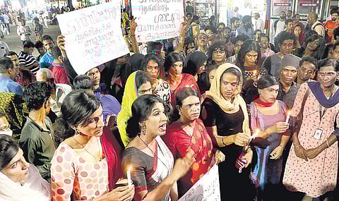 The members of the transgender community in Kozhikode holding a candlelight vigil at SM Street in Kozhikode, seeking a fair investigation into the death of the transgender on Monday | T P Sooraj