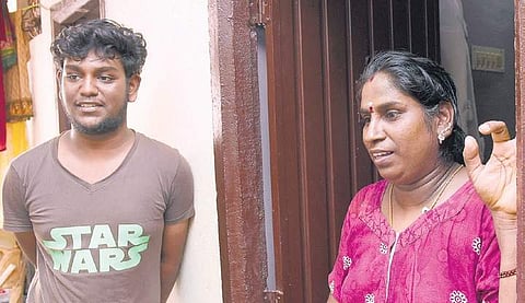 Prasanth V, who scored 395/600 in Plus 2 board exams, with his mother at their house in Perumbakkam. He had scored 454/500 in the Class X exams | Martin Louis
