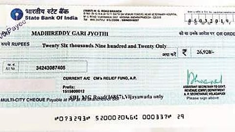 The cheque issued to M Jyothi of Kurnool | Express