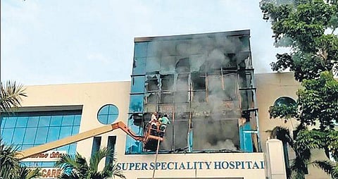 Fire fighters took over two hours to douse the fire that broke out at the private hospital at Kelambakkam in the city on Saturday morning | Express