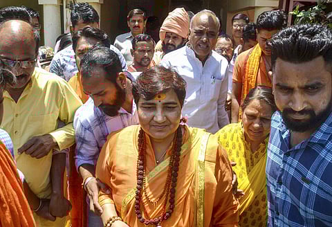 BJP candidate for Bhopal Lok Sabha seat Sadhvi Pragya Singh Thakur meets her supporters before leaving for elections campaign for Lok Sabha elections in Bhopal Saturday April 20 2019. | PTI