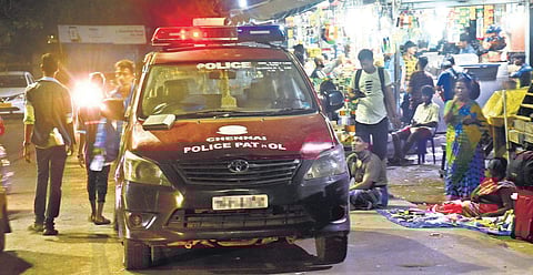 Representative picture of a police patrol vehicle near shops open after 10 pm at Moore Market in Chennai | Ashwin Prasath