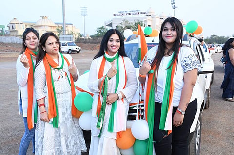 An all-women car rally in Raipur, Chhattisgarh urged people to exercise their franchise in the Lok Sabha elections. (Photo | By Special Arrangement)