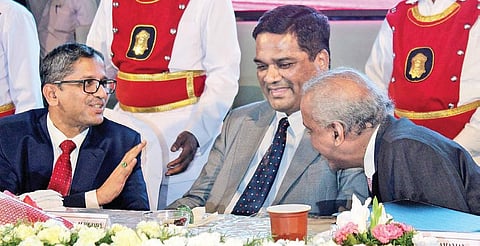 (From left) Supreme Court Judges NV Ramana and Subhash Reddy with Justice V Ramasubramanian during the centenary celebrations of Telangana High Court in Hyderabad on Saturday (Photo| Sathya Keerthi)