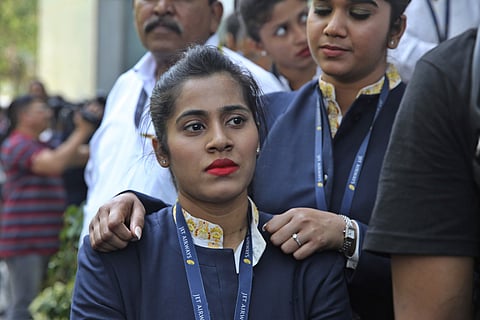 Employees of Jet Airways gather to demand clarification on unpaid salaries at the company headquarters in Mumbai (File Photo | AP)