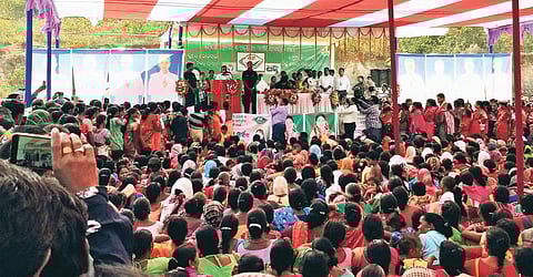 Sana Mahakud addressing an election meeting at Kandra in Champua | Express
