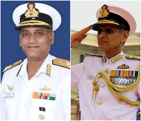 L-R: Vice Admiral Bimal Verma and Vice Admiral Karambir Singh. (Photos | Indian Navy)