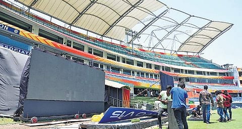 Work in progress to repair the damaged South Terrace Pavilion canopy at Rajiv Gandhi International Cricket Stadium in Hyderabad on Tuesday | S Senbagapandiyan