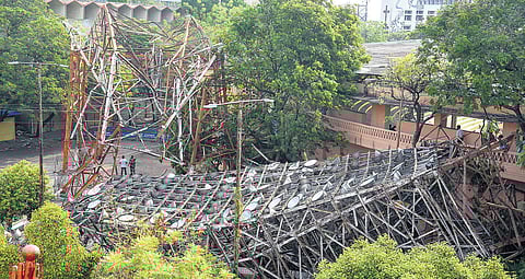 Wreckage of the floodlight tower at the Lal Bahadur stadium, that was brought down by heavy gales on Monday | Vinay Madapu