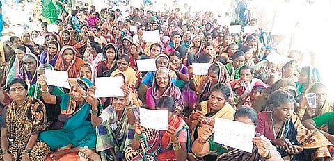Women voters protest outside a polling booth (Photo | EPS)