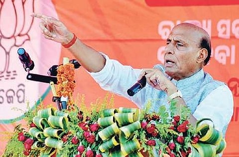 Rajnath Singh addressing an election meeting at Chandabali in Bhadrak on Thursday | Express