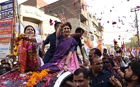 Congress Party General Secretary Priyanka Gandhi Vadra seen with her party supporters during a roadshow ahead of the Lok Sabha polls in Ghaziabad Friday April 05 2019. (Parveen Negi | EPS)