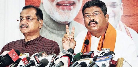 Union Minister Dharmendra Pradhan addressing mediapersons at the party office in Bhubaneswar on Saturday I Irfana