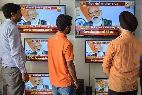 Prime Minister Modi addresses the nation on March 27 about destroying a low-orbiting satellite. (Photographer: Narinder Nanu/AFP via Getty Images)