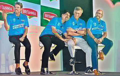 (From left) Former India players Kapil Dev, Krishnamachari Srikkanth, Roger Binny and Syed Kirmani during a promotional event in Bengaluru on Tuesday. (Photo | Shriram BN, EPS)