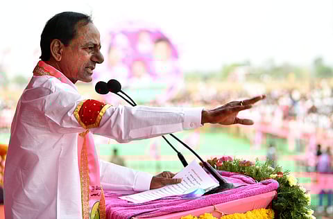 Telangana Chief minister K. Chandrashekar Rao speaks at a public meeting. (Photo | EPS)