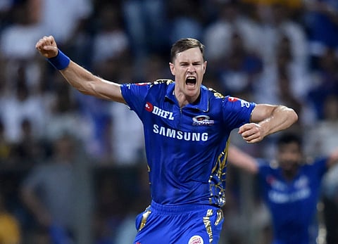 MI bowler Jason Behrendorff celebrates after claiming the wicket of Ambati Rayudu. (Photo | PTI)