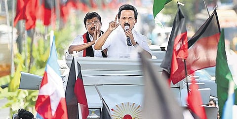DMK President MK Stalin during his campaign at Thondamuthur near Coimbatore on Thursday | Express