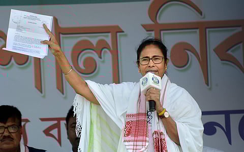 West Bengal Chief Minister and Trinamool Congress President Mamata Banerjee speaks during an election rally ahead of the Lok Sabha Polls in Dhubri Friday April 5 2019. | PTI