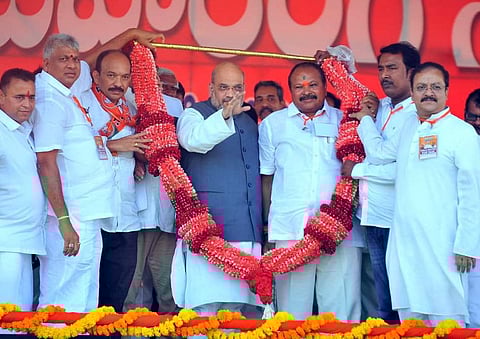 BJP president Amit Shah during election meeting at Narasaraopet in Guntur district. (Photo|Express)