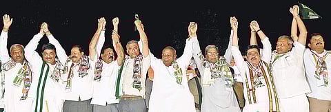 Leaders of the Congress-Janata Dal(Secular) coalition — from H D Deve Gowda to Siddaramaiah to Krishna Byre Gowda — were seen trying to replicate the massive show of unity of non-NDA parties that had hit national headlines during last year’s oath-taking c