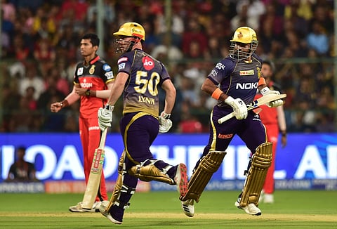 KKR batsman Chris Lynn and Robin Uthappa run between the wickets during the Indian Premier League 2019 IPL T20 cricket match. (Photo | PTI)
